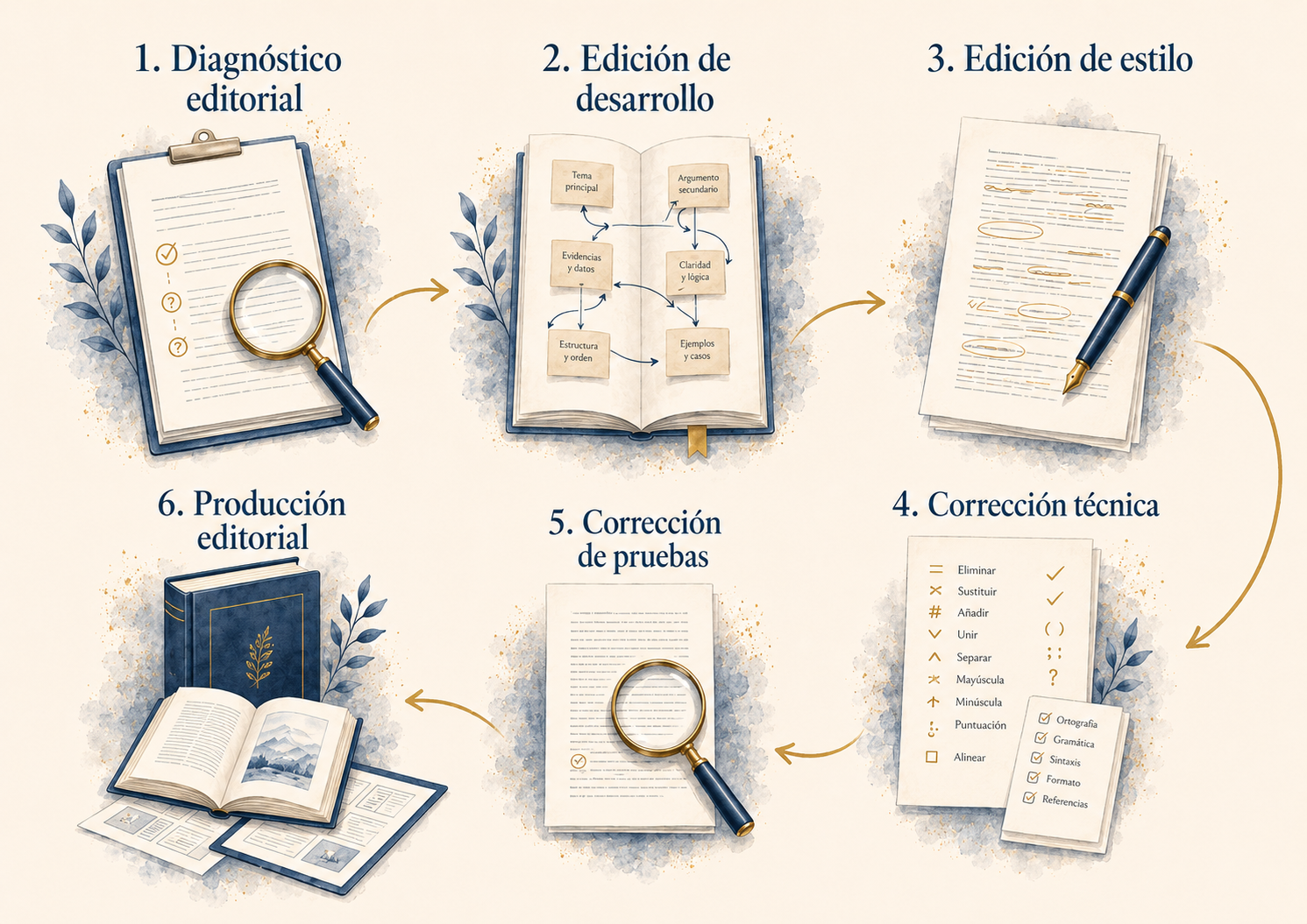 Infografía del flujo editorial desde el diagnóstico hasta la producción de un libro